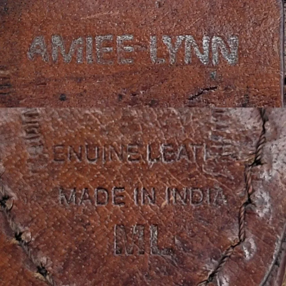 Vintage Amiee Lynn Leather Belt‎ M Brown Brass Square Buckle Medallion Country